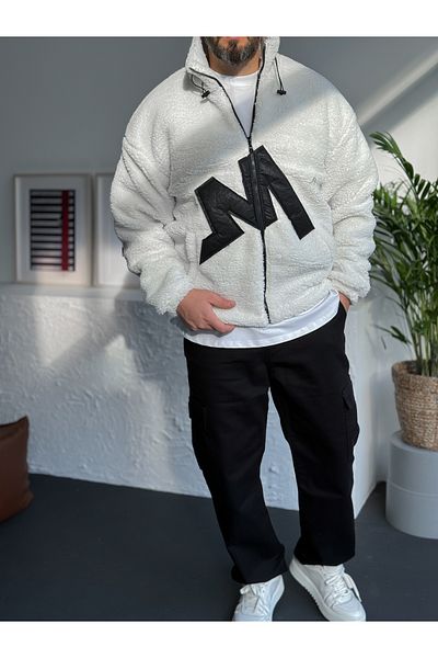 BYBASICMAN Jachetă albă de pluș cu plasture DF-1633