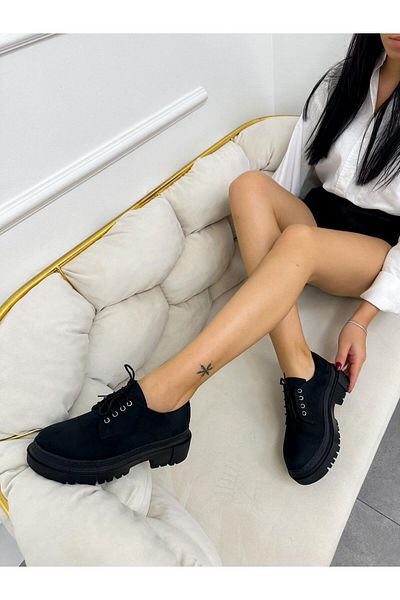 ERVANIN BUTİĞİ Black Suede (College) Women's Lace-up Loafer