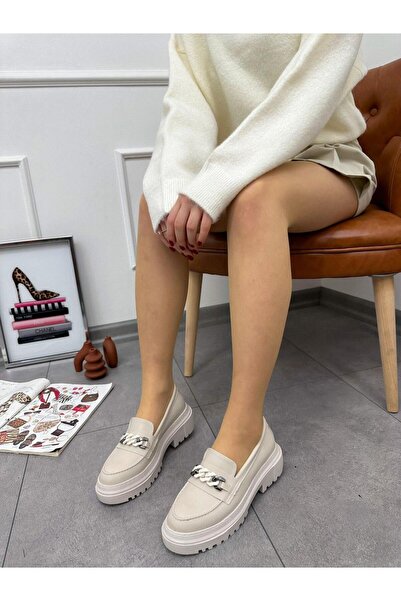 ERVANIN BUTİĞİ Bej Cilt (Giana) Zincir Detay Kadın Loafer