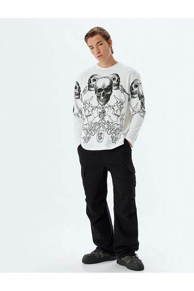 Koton Cotton Skull Printed - Long Sleeve Loose Sweater