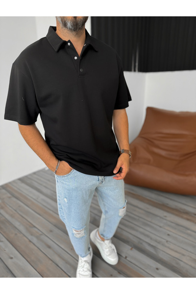 BYBASICMAN Черна риза с ребра и поло яка KE-3009