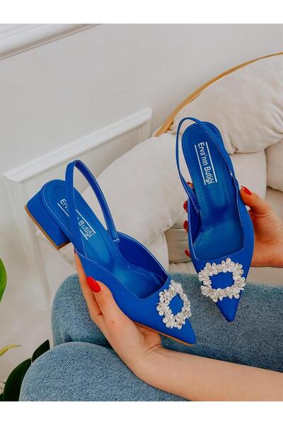 ERVANIN BUTİĞİ Saks Mavi Saten (Sasha) Taş Detay Kadın Babet