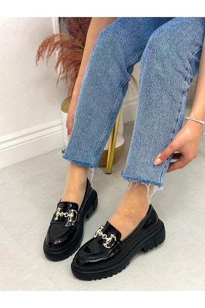 ERVANIN BUTİĞİ Black Patent Leather (Mossible) Chain Detail Women's Loafer