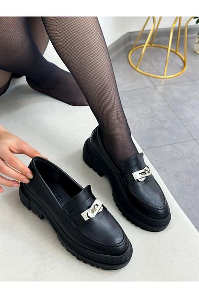 ERVANIN BUTİĞİ Black Leather (Chain) Buckle Detail Women's Loafer