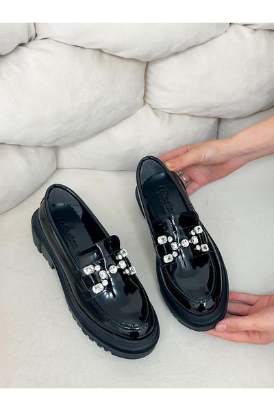 ERVANIN BUTİĞİ Black Patent Leather (Vivid) Stone Detail Women's Loafer