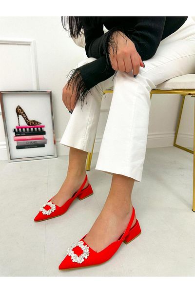 ERVANIN BUTİĞİ Red Satin (Sasha) Stone Detailed Women's Ballerinas