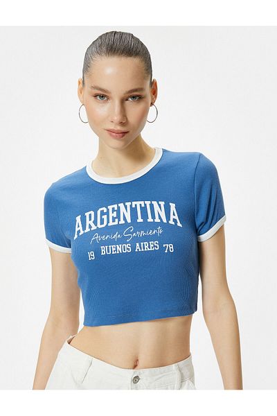 Koton Tričko Argentina Crop T-Shirt s potiskem Krátký rukáv s výstřihem Bavlna