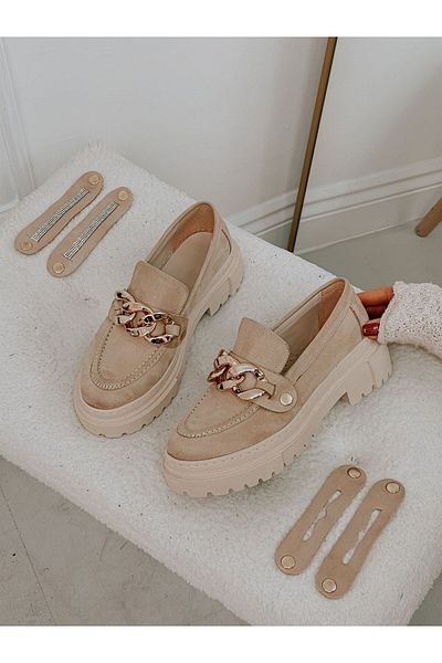 ERVANIN BUTİĞİ Beige Suede (Fabi̇o) Three Buckle Women's Loafer