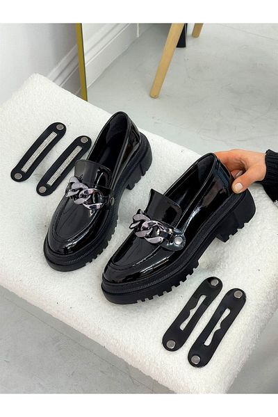 ERVANIN BUTİĞİ Black Patent Leather (Fabi̇o) Three Buckle Women's Loafer