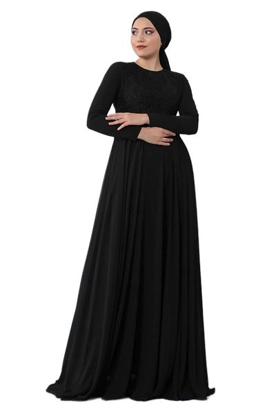 lodmela Embroidery Detailed Hijab Evening Dress 688-Black