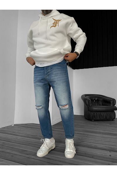 BYBASICMAN Blue Grinding Knee Ripped Boyfriend KE-092