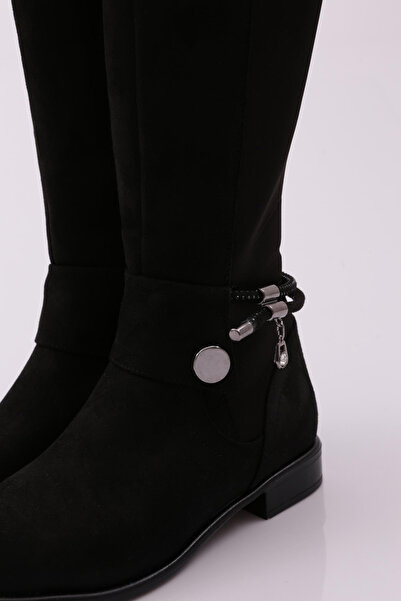 DGN Kadın Arkası Strech Yanı Fermuarlı Knee High Flats Çizme Siyah Süet 6162668