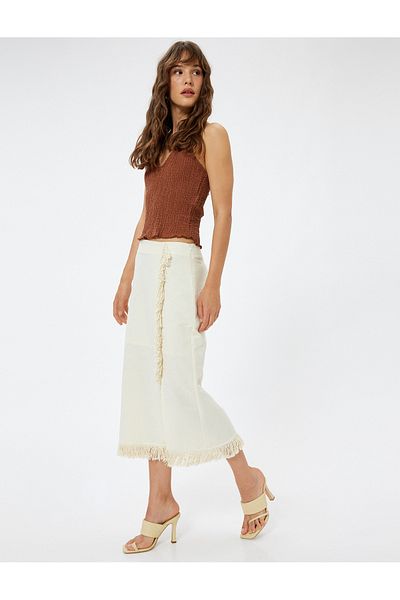 Koton Double Breasted Linen Midi Skirt - Tasseled and Lined