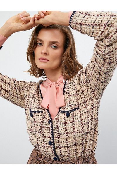 Koton V-Neck Melis Ağazat X Cotton Cardigan - Pocketed and Buttoned