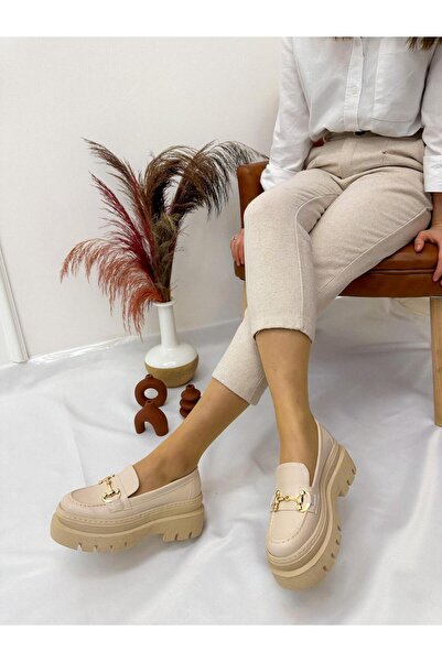 ERVANIN BUTİĞİ Bej Cilt (Fear) Zincir Detay Kadın Loafer