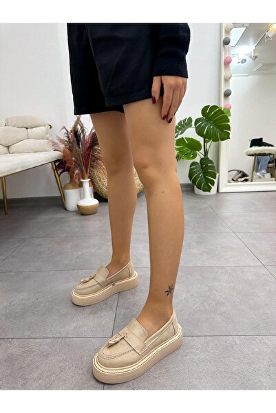 ERVANIN BUTİĞİ Bej Süet (Line) Püskül Detay Kadın Loafer