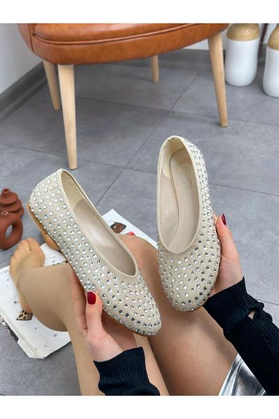 ERVANIN BUTİĞİ Beige Suede (Shine) Stone Detail Women's Ballerinas