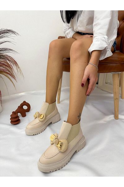 ERVANIN BUTİĞİ Beige Skin (Yummy) Buckle Detail Women's Loafer Boots
