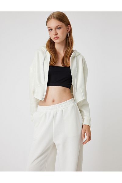 Koton Hooded Zippered Crop Sweatshirt - Corset Look