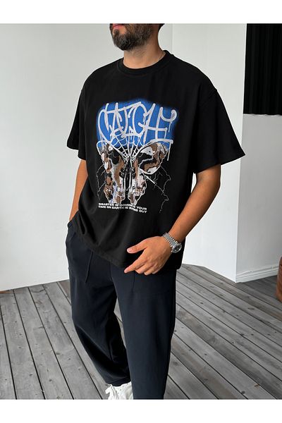 BYBASICMAN Black Butterfly Printed Oversize T-Shirt C-035