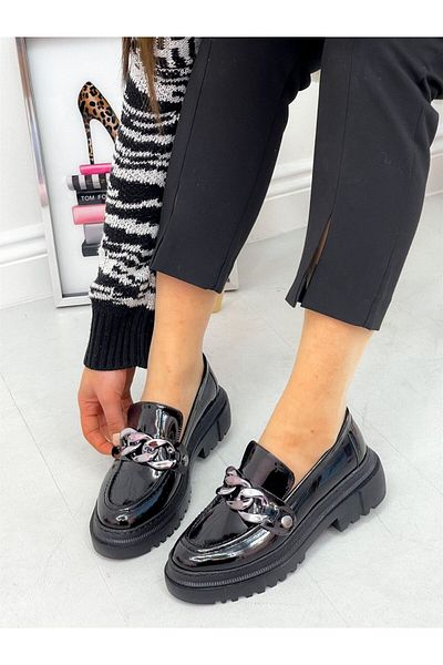 ERVANIN BUTİĞİ Black Patent Leather (Fabi̇o) Three Buckle Women's Loafer