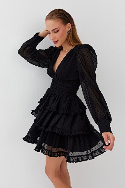 Nish&Chic Şifon Tüllü Fırfırlı Elbise