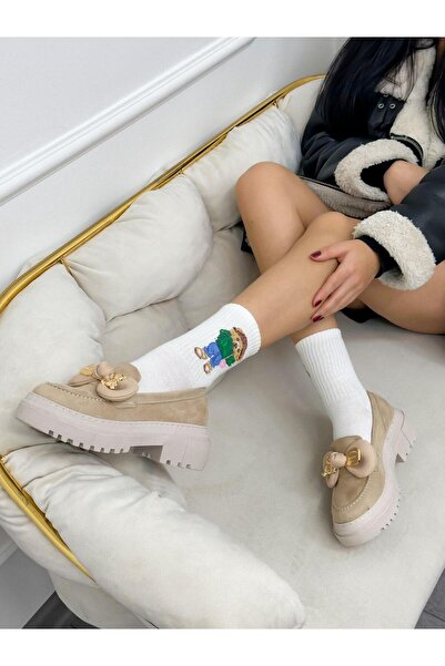 ERVANIN BUTİĞİ Bej Süet (Stormie) Ayıcık Detay Kadın Loafer