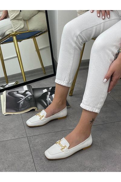 ERVANIN BUTİĞİ White Skin (Nigel) Buckle Detail Women's Flat Shoes