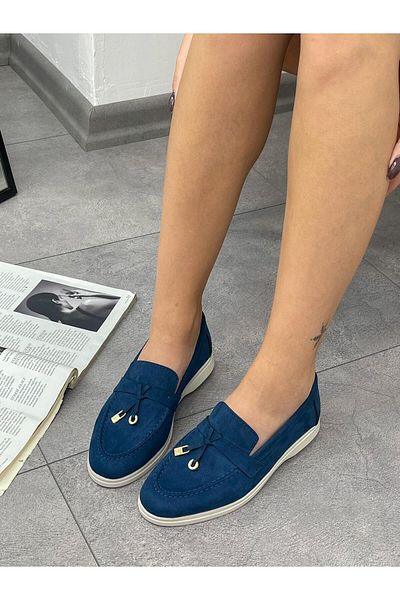 ERVANIN BUTİĞİ Liona Brand Navy Blue Suede Tasseled Women's Loafer