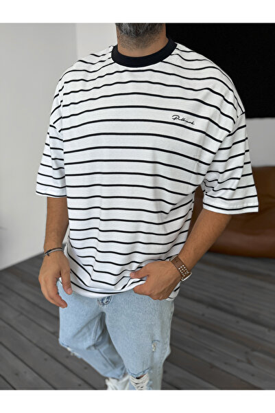 BYBASICMAN White Text Embroidered Striped T-Shirt Pm-133