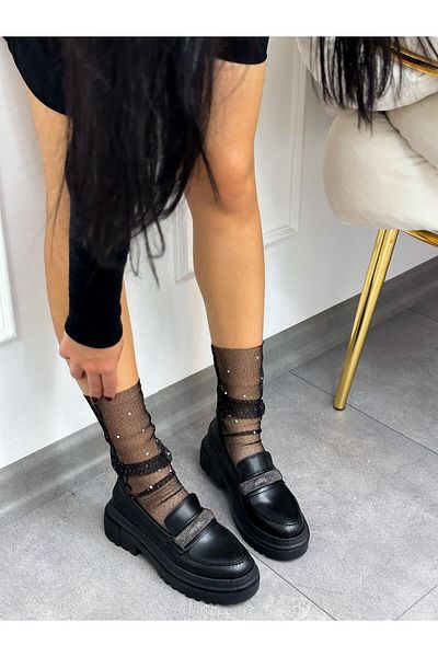 ERVANIN BUTİĞİ Black Skin (Stone) Stone Detail Women's Loafer