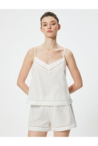 Koton Embroidered V-Neck Cotton Strap Pajama Top - Loose Fit