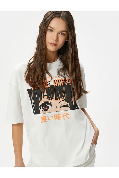 Koton T-Shirt anime πίσω και μπροστά με στάμπα με κοντό μανίκι Crew λαιμόκοψη άνετα βαμβακερά