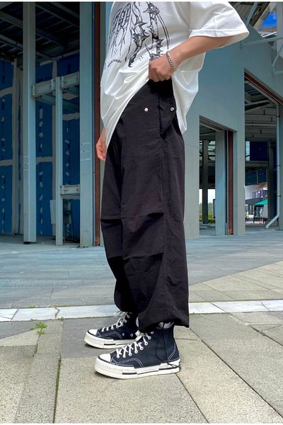 1blood Black Adjustable Trousers Baggy Jean Summer Fabric Elastic Legs