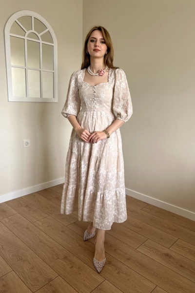HELİS BUTİK Μπεζ Κέντημα Φόρεμα - Κέντημα