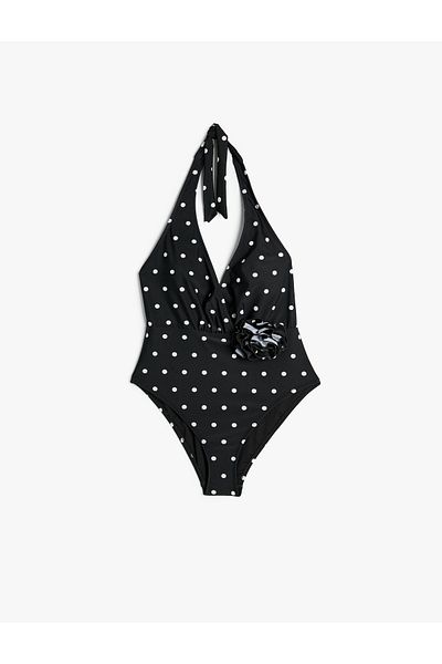 Koton Neckholder-Badeanzug mit Rosen-Applikationen, Polka Dot-Details - Gefüttert