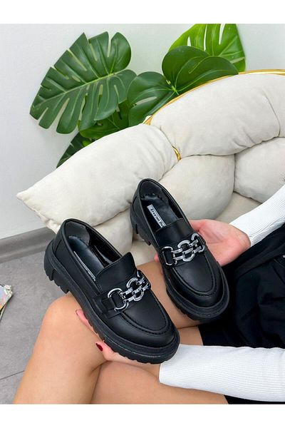 ERVANIN BUTİĞİ Black Skin (char) Chain Detail Women's Loafer