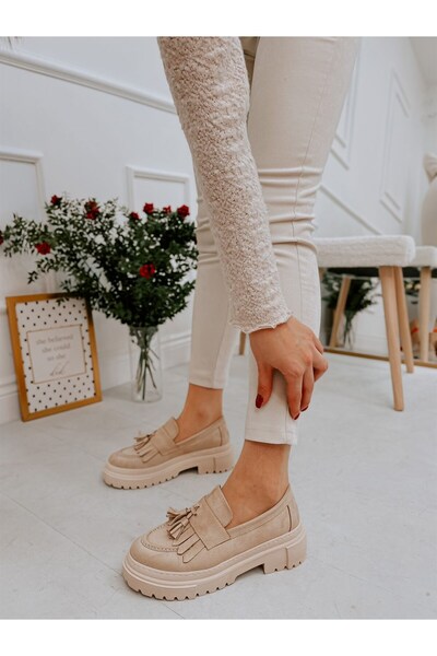 ERVANIN BUTİĞİ Bej Süet (Tassel) Püskül Detay Kadın Loafer
