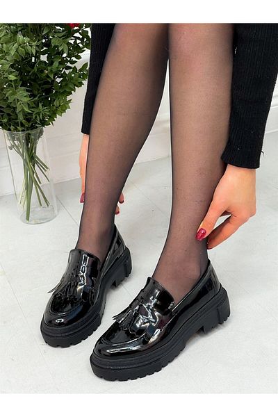ERVANIN BUTİĞİ Black Patent Leather (Tassel) Tassel Detail Women's Loafer