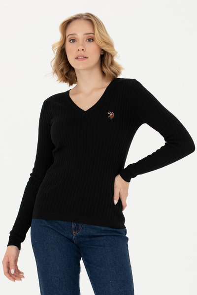 U.S. Polo Assn. Kadın Siyah V Yaka Basic Kazak 50269019-VR046