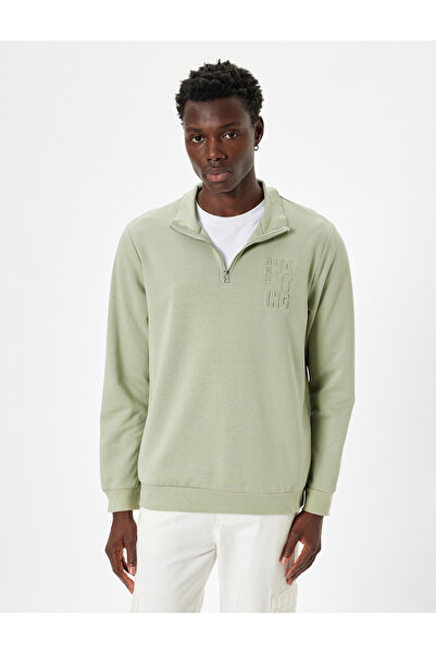 Koton Slogan Baskılı Sweatshirt Yarım Fermuarlı Basic Pamuklu İnterlok Kumaş