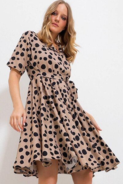 Mossta Polka Dot Mink Bell Dress - Front Button and Belted