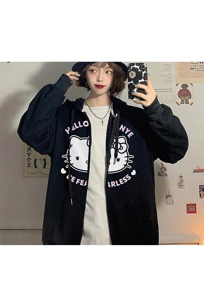 Touz Moda Hello Kanye - Be Fearless Printed, Unisex Black Oversize Hooded Cardigan