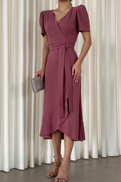 Mossta Μίντι Φόρεμα Dusty Rose με γιακά με διπλό στήθος 581811