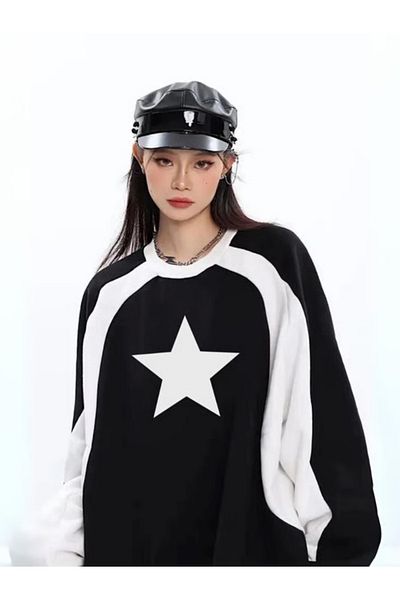 Touz Moda Y2K Streetwear Star εμπριμέ μαύρο Unisex Oversize φούτερ με λαιμόκοψη