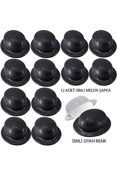 HSDemirci Μαύρο Χρώμα Glitter Bowler Στρογγυλό Καπέλο πάρτι 12 τεμαχίων