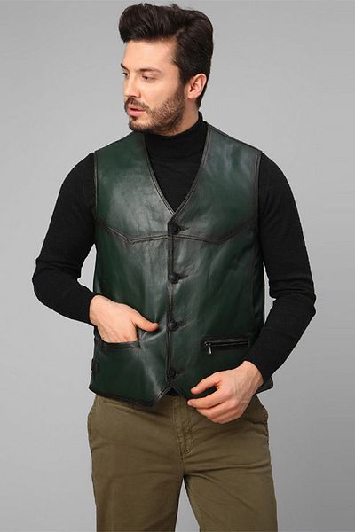 Dericlub Essen Green Ανδρικό Γνήσιο Δερμάτινο Κλασικό Γιλέκο - Κουμπωμένο