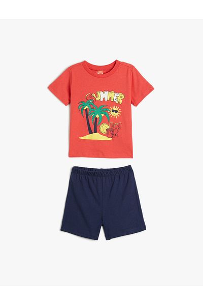 Koton Summer Themed Printed Shorts T-Shirt Set Cotton