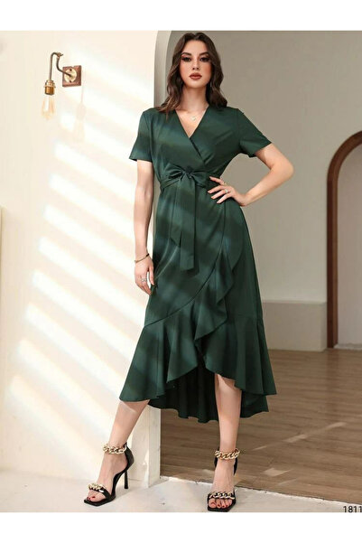 Genel Markalar EKŞİOĞLU GLOBAL Kadın Kruvaze Yaka Midi Boy Kuşaklı Krep Elbise 120 Cm