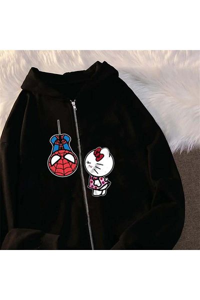 Touz Moda Μαύρη ζακέτα Spider-Man & Hello Kitty με στάμπα με κουκούλα Unisex